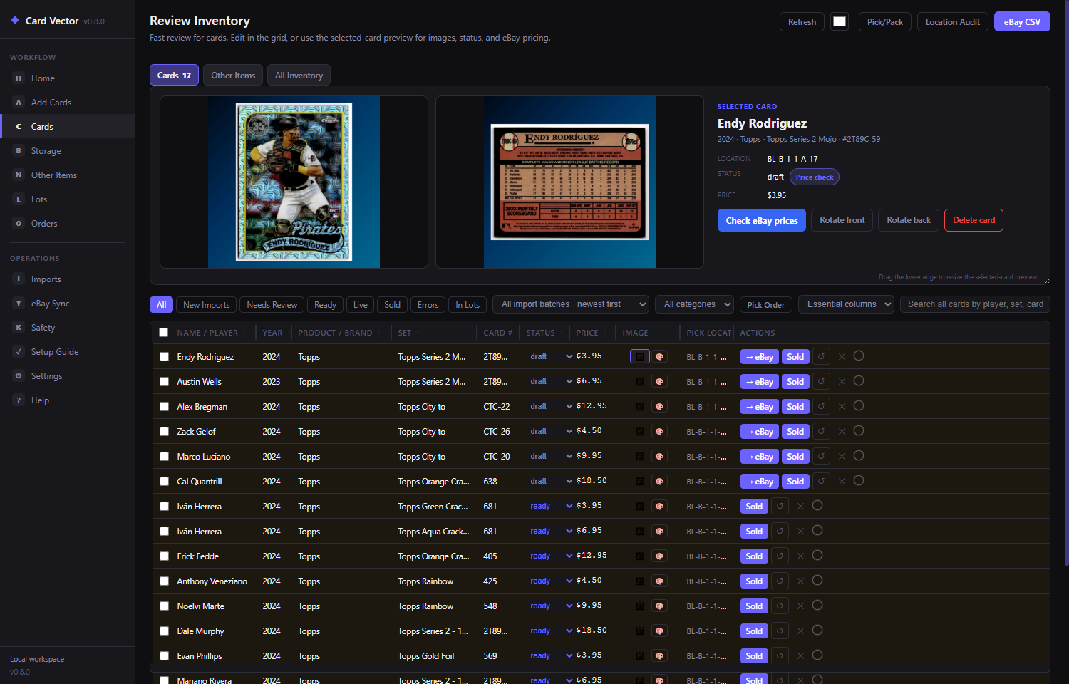 Card Vector desktop app showing trading card inventory, listing status, prices, and physical storage locations.